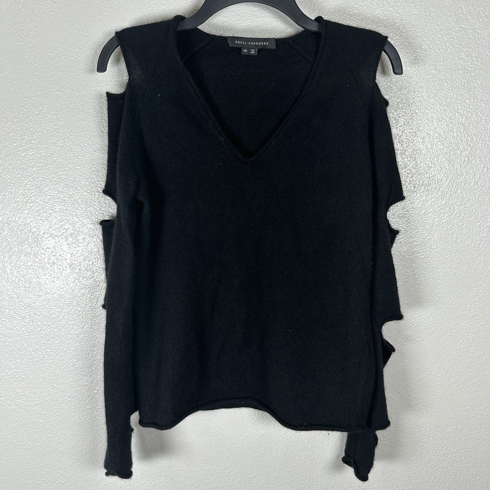 Skull Cashmere Sweater Womens Size XS Black Cut Out Long Sleeve Vneck Pullover